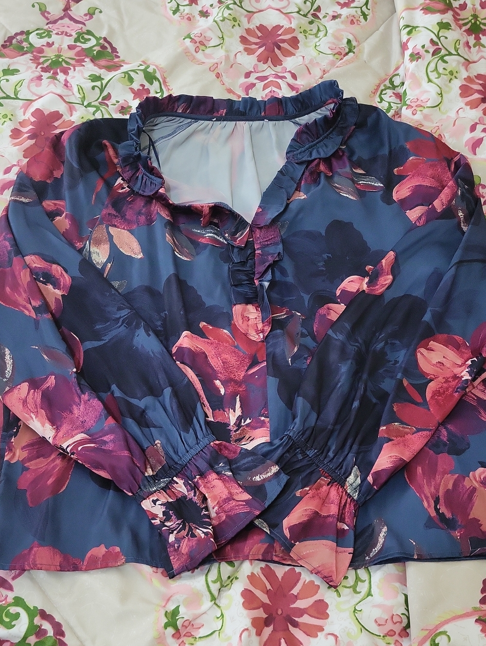 Women's Navy Floral Ruffle Blouse - Pink & Navy